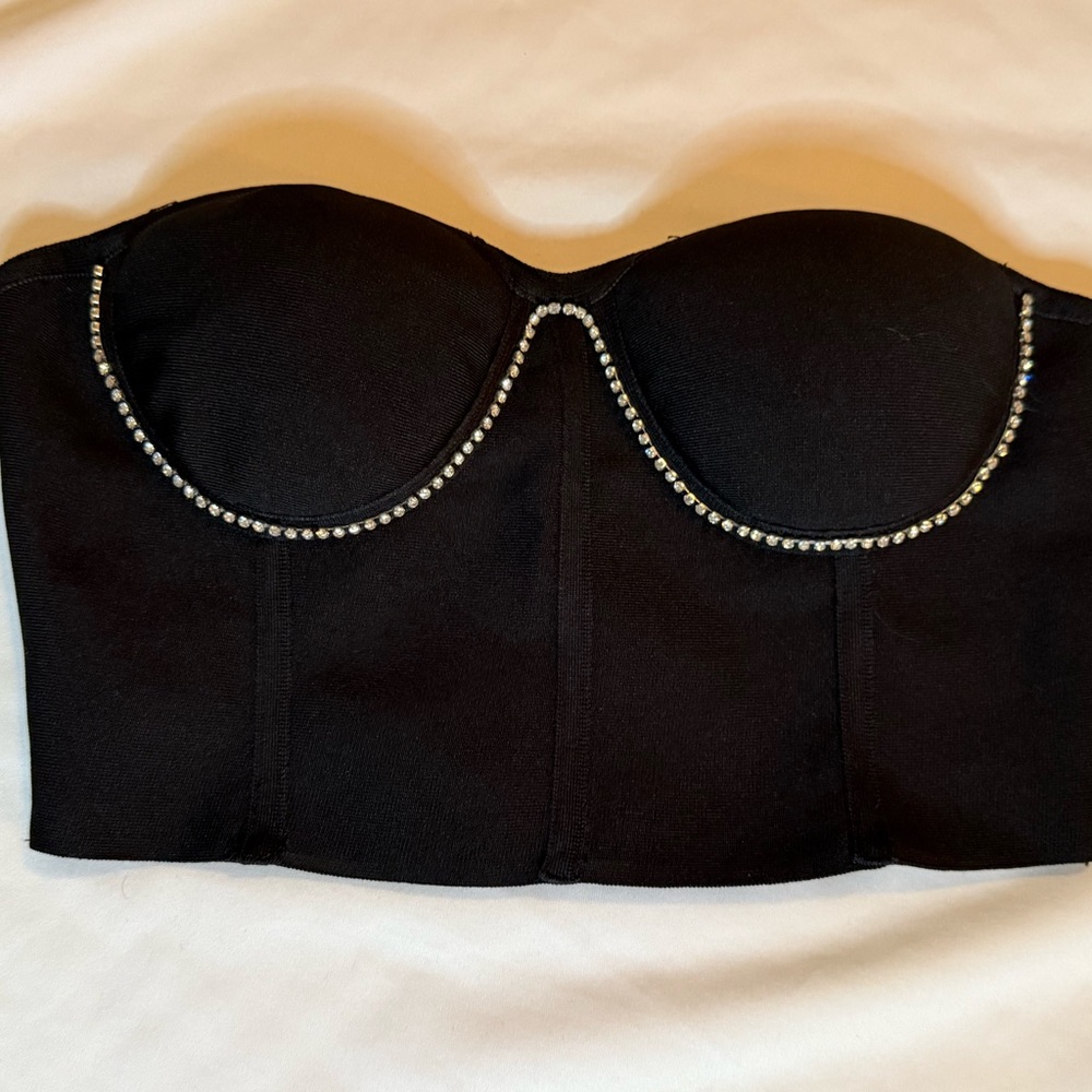 Black Strapless Top with Rhinestone Detail